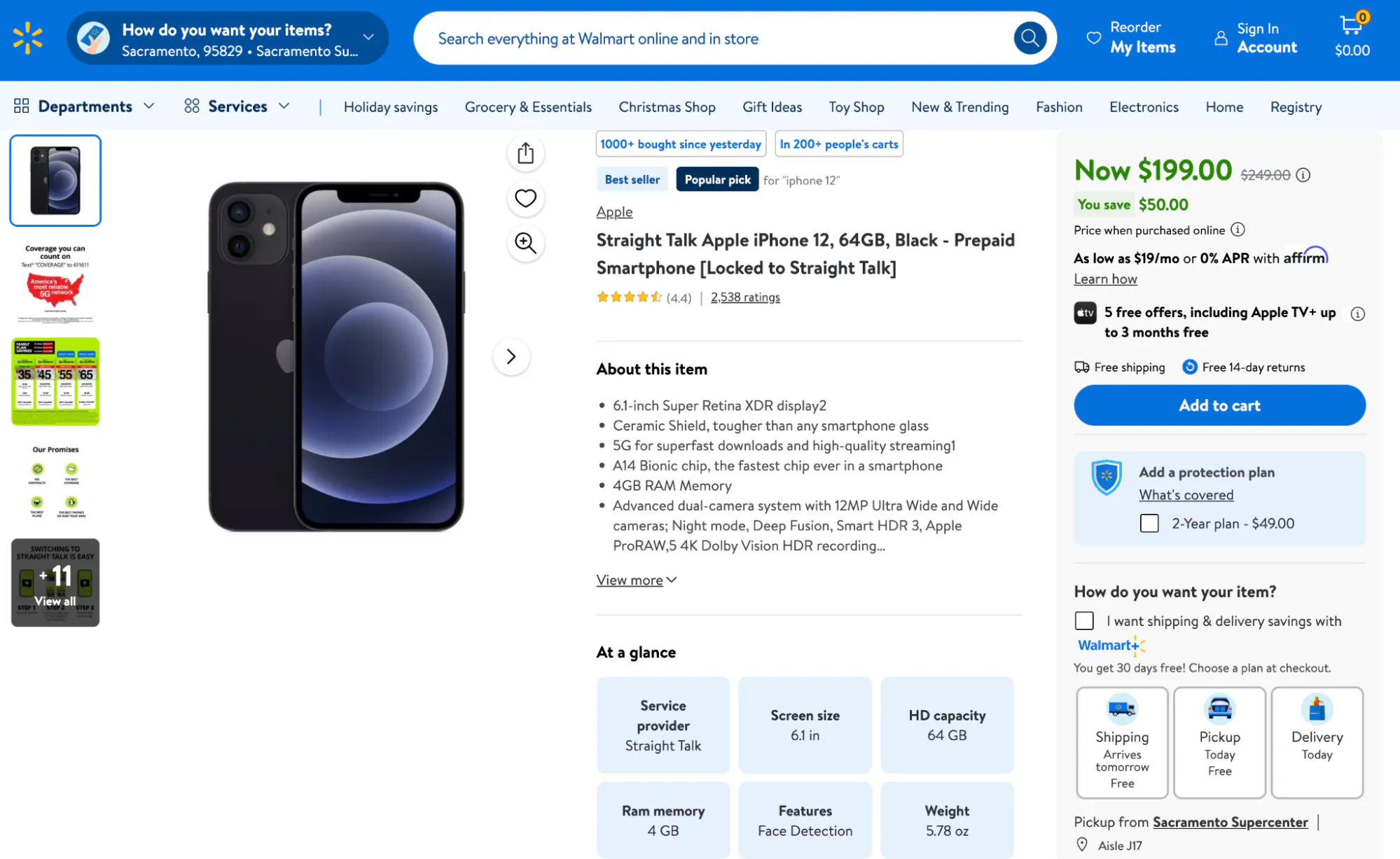 Walmart product detail page with pricing and reviews