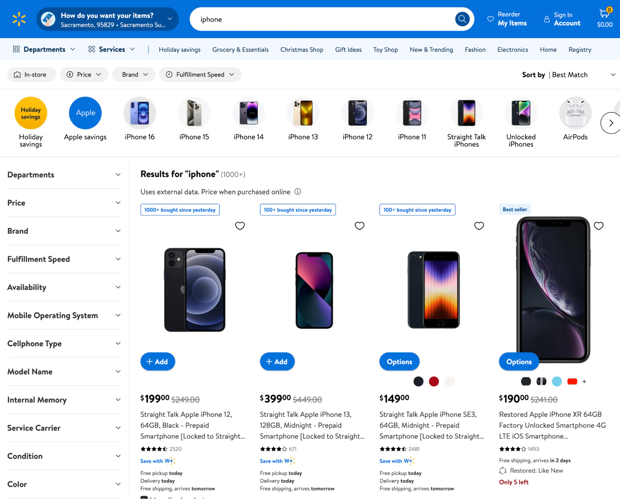 Walmart search results page showing product listings