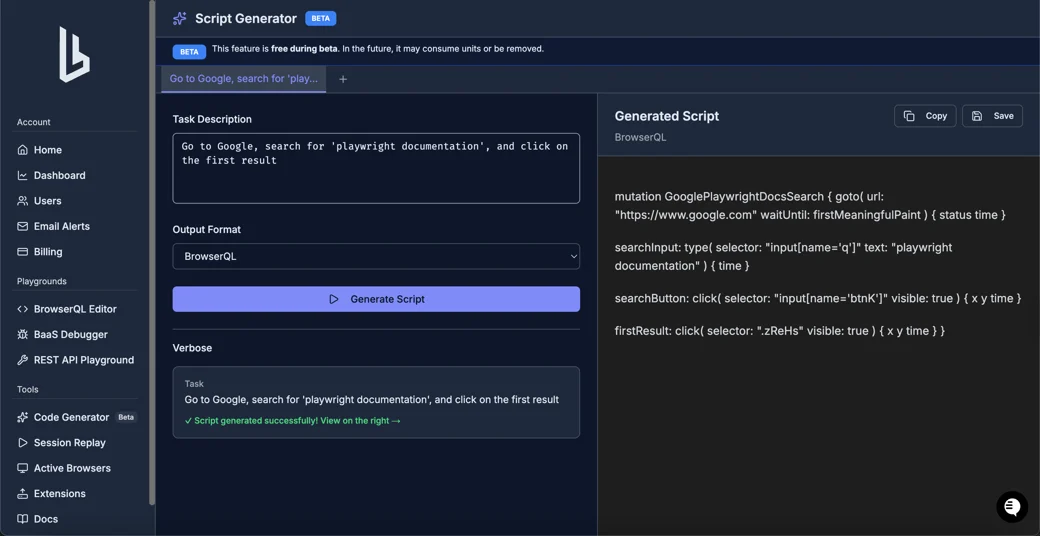 Script Generator in the dashboard